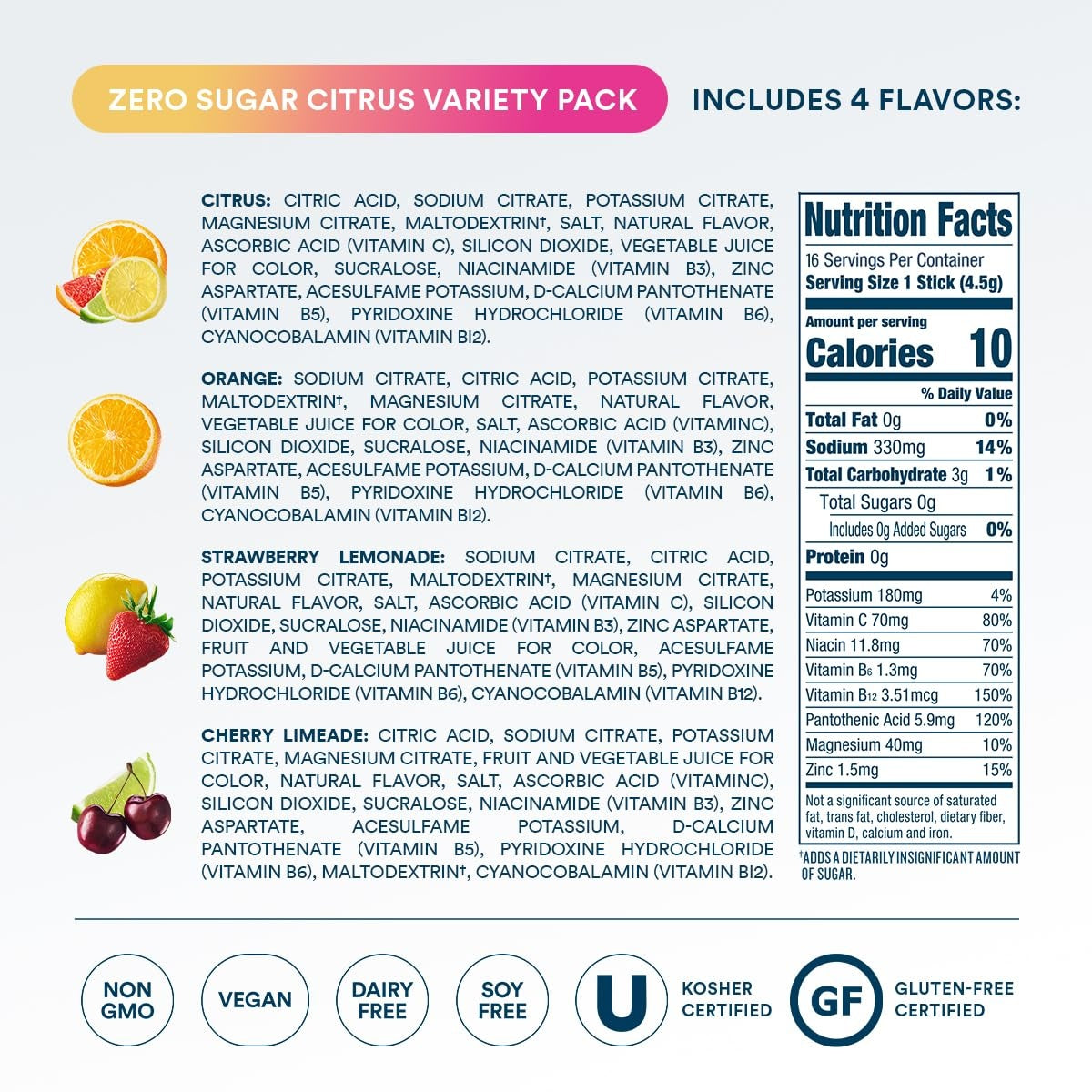 DripDrop Zero Sugar Citrus Variety Pack Electrolyte Powder, 8 oz sticks, 16 count