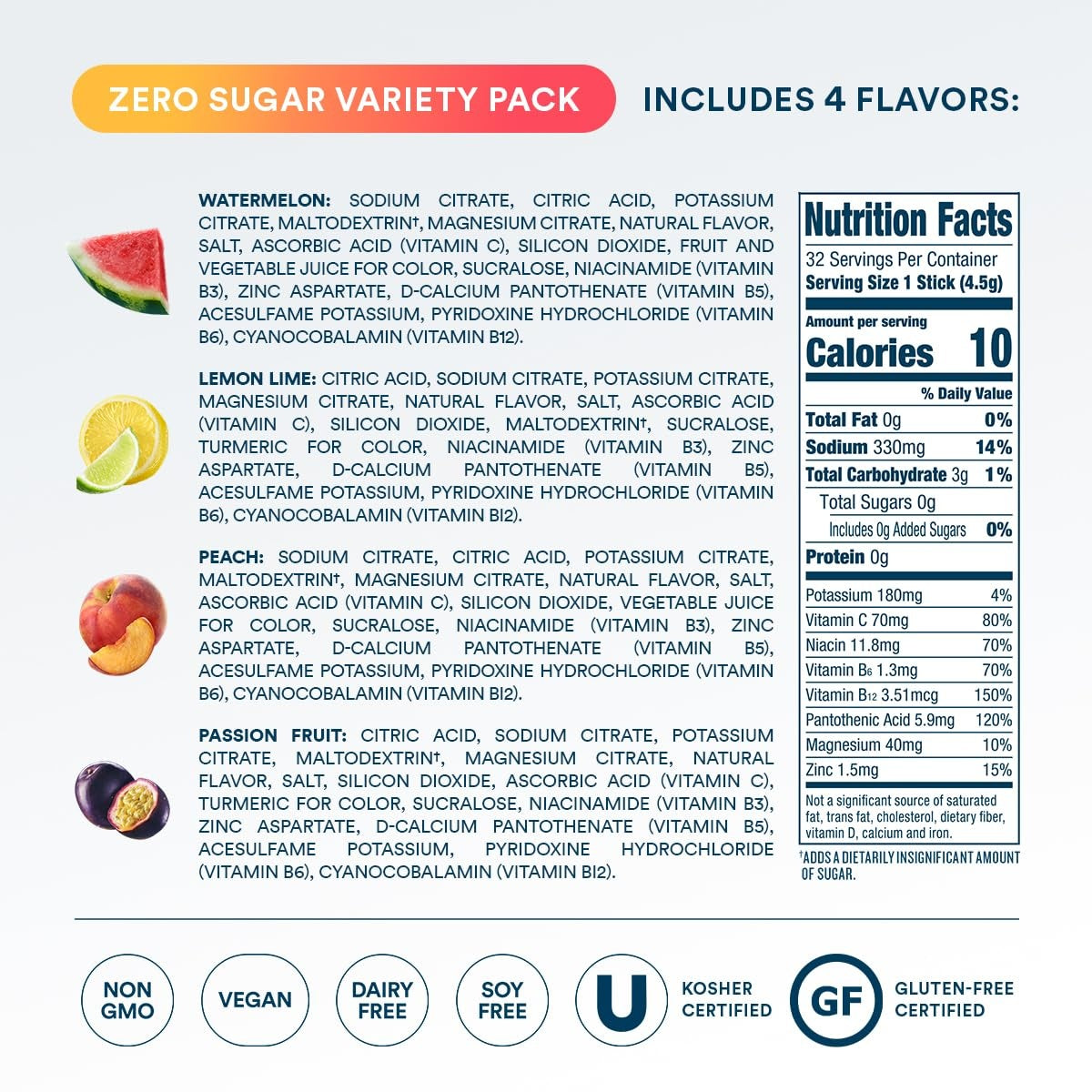 DripDrop Zero Sugar Classic Variety Pack Electrolyte Powder, 8 oz sticks, 32 count