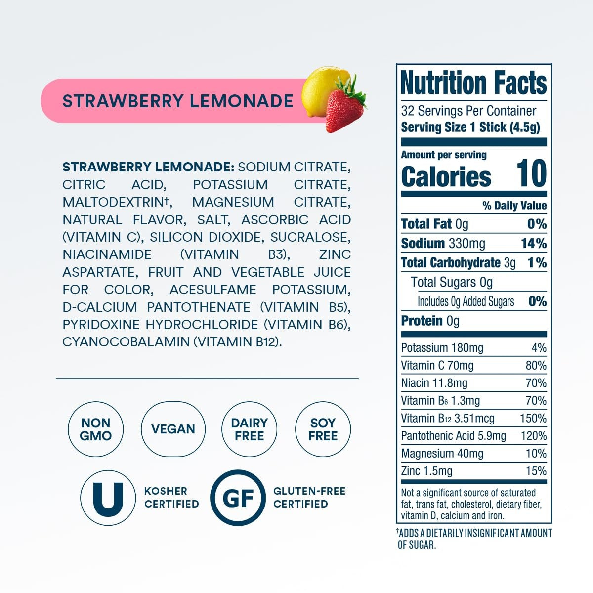 DripDrop Zero Sugar Strawberry Lemonade Electrolyte Powder, 8 oz sticks, 32 count