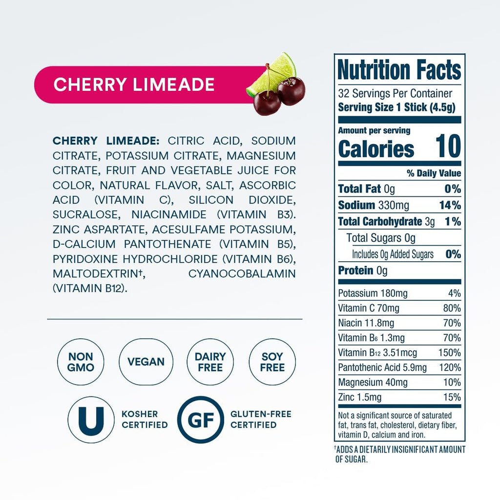 DripDrop Zero Sugar Cherry Limeade Electrolyte Powder, 8 oz sticks, 32 count
