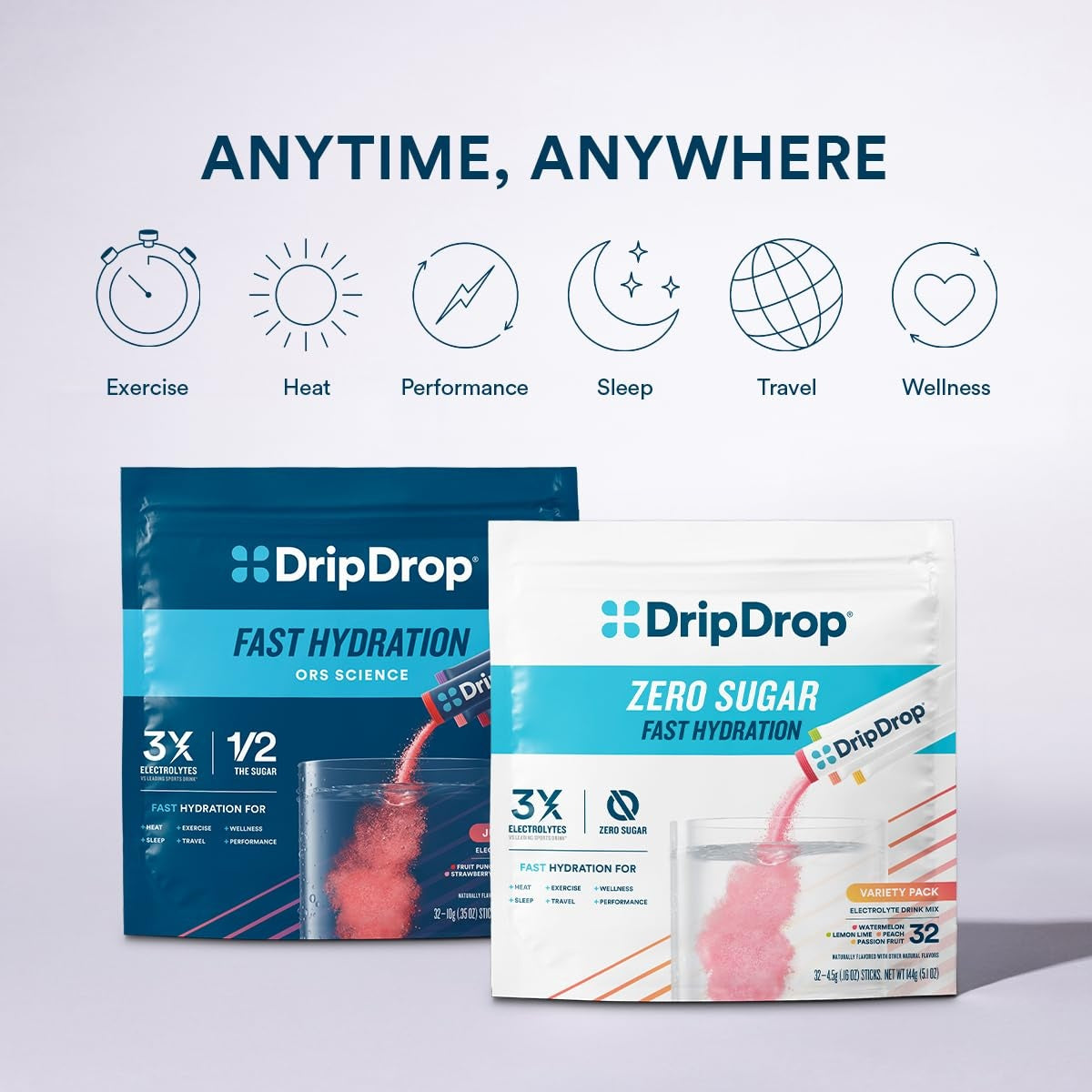 DripDrop Zero Sugar Citrus Variety Pack Electrolyte Powder, 8 oz sticks, 16 count