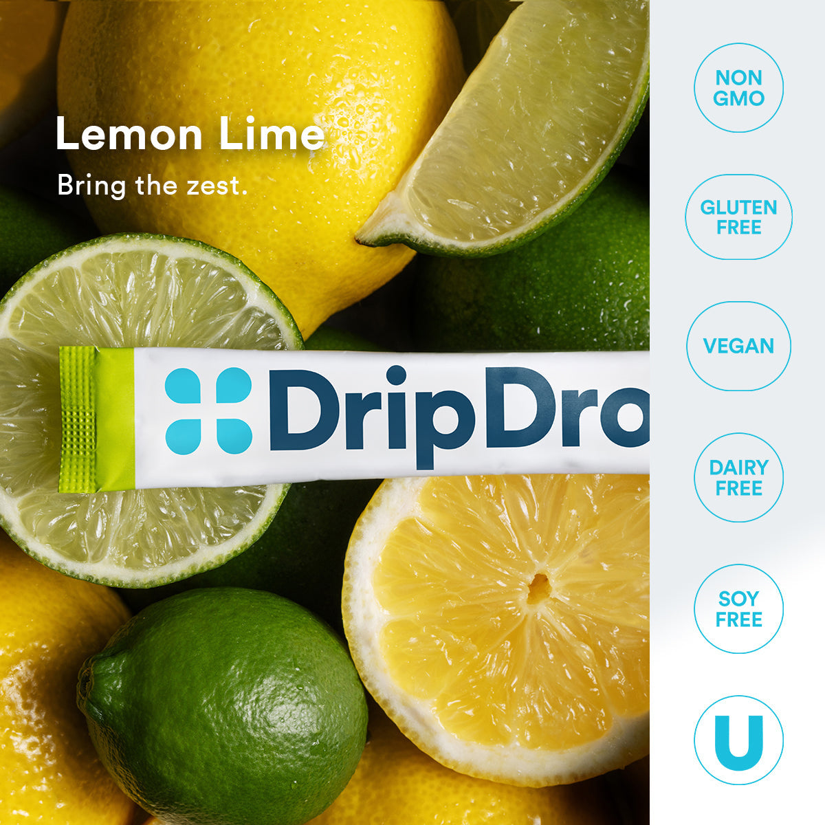 DripDrop Zero Sugar Lemon Lime Electrolyte Powder, 8 oz sticks, 32 count