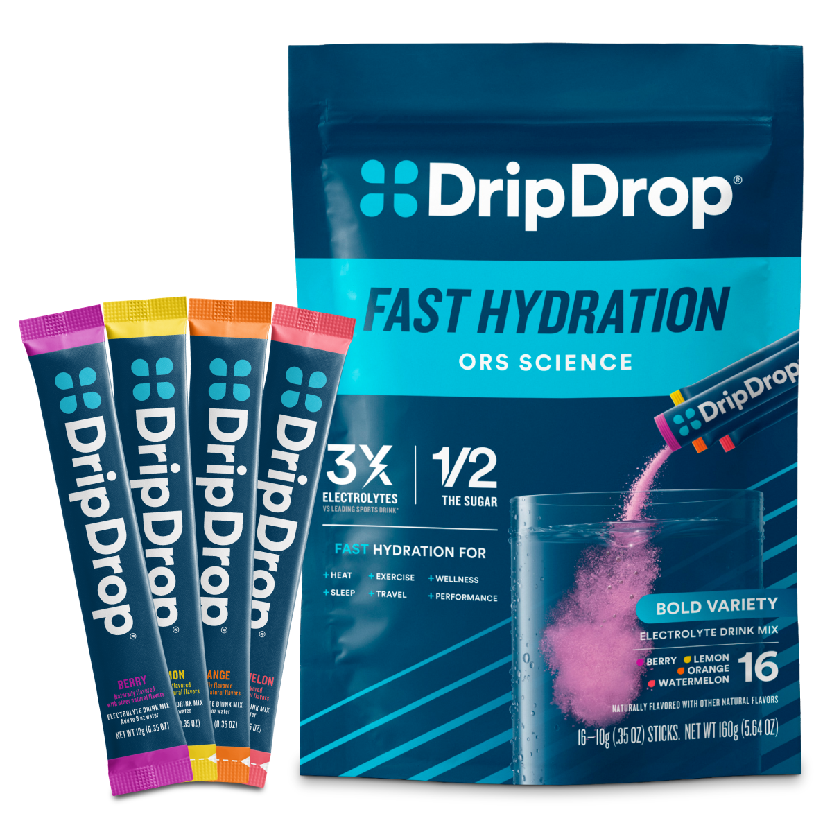 DripDrop Bold Variety Pack Electrolyte Powder, 8 oz sticks, 16 count