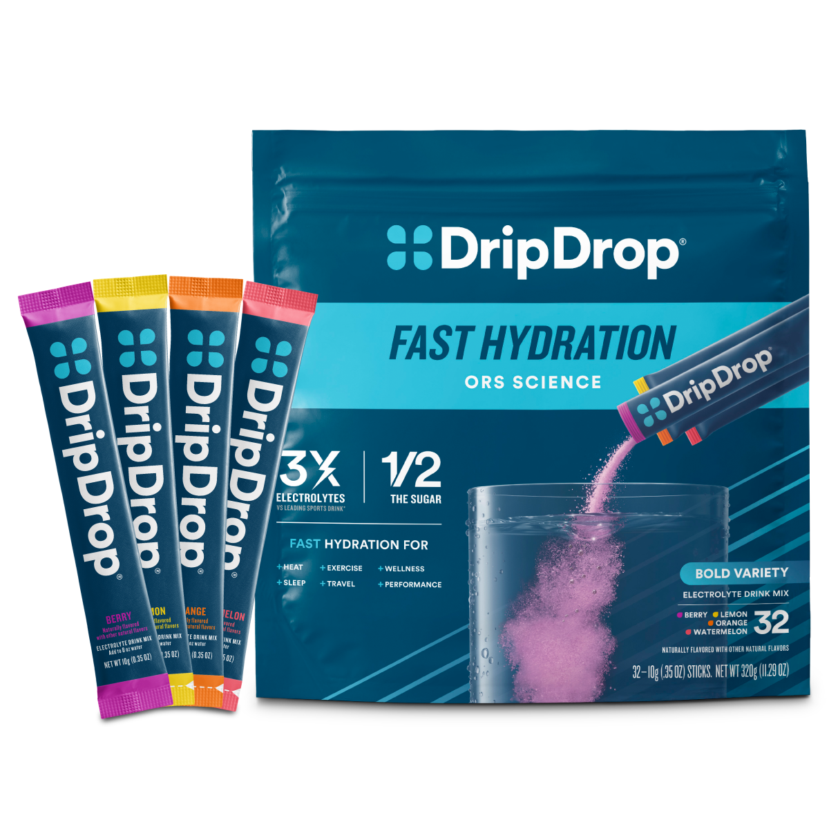 DripDrop Bold Variety Pack Electrolyte Powder, 8 oz sticks, 32 count
