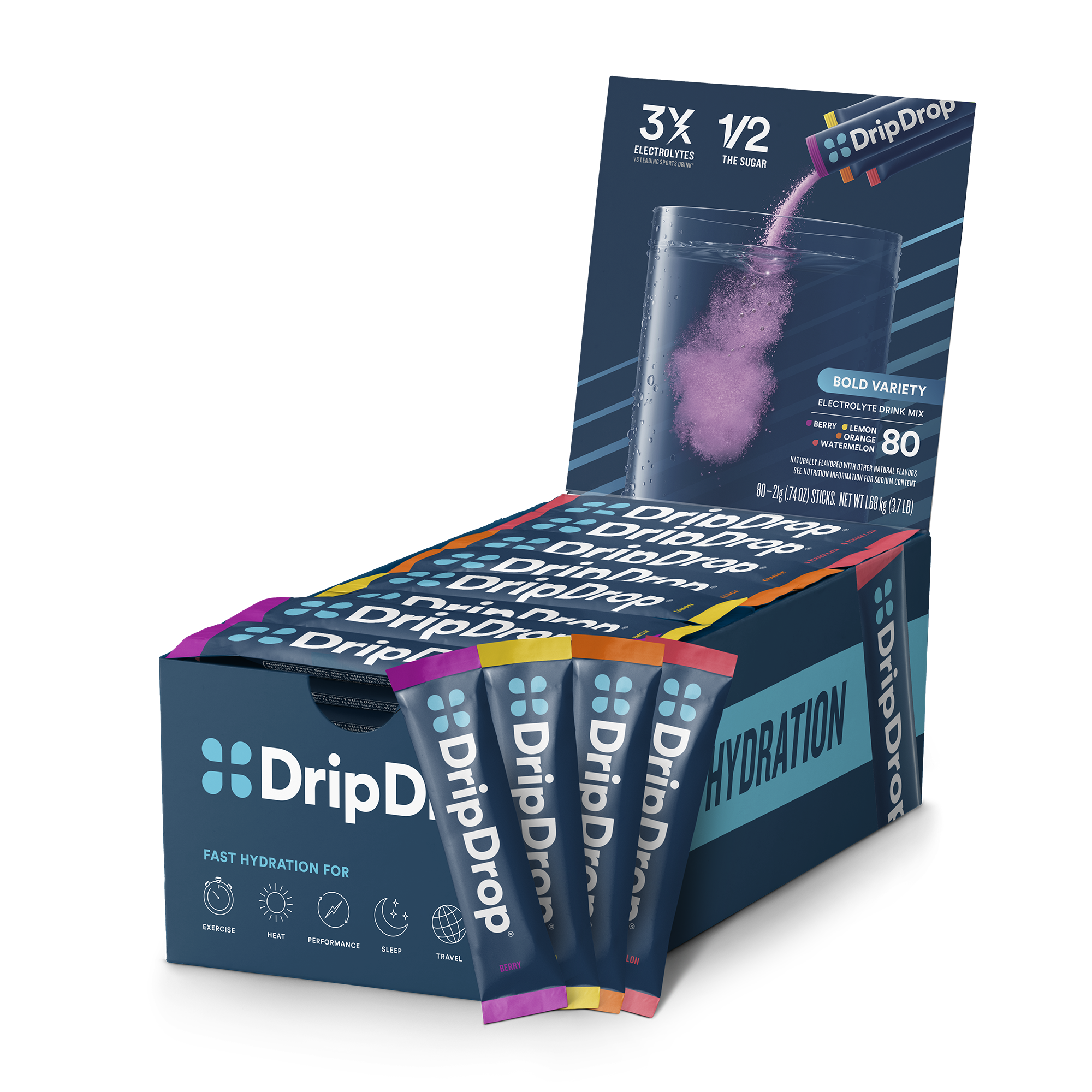 DripDrop Bold Variety Pack Electrolyte Powder, 16 oz sticks, 80 count