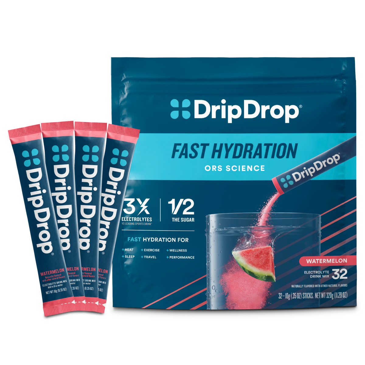 DripDrop Watermelon Electrolyte Powder, 8 oz sticks, 32 count