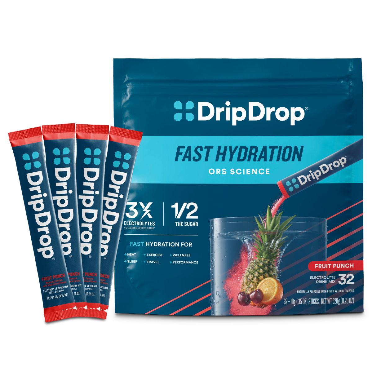 DripDrop Fruit Punch Electrolyte Powder, 8 oz sticks, 32 count