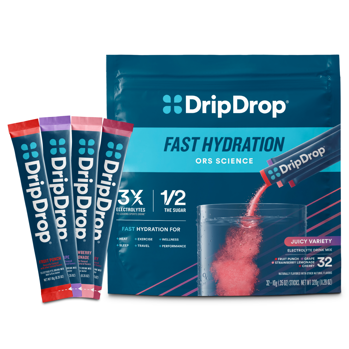DripDrop Juicy Variety Pack Electrolyte Powder, 8 oz sticks, 32 count