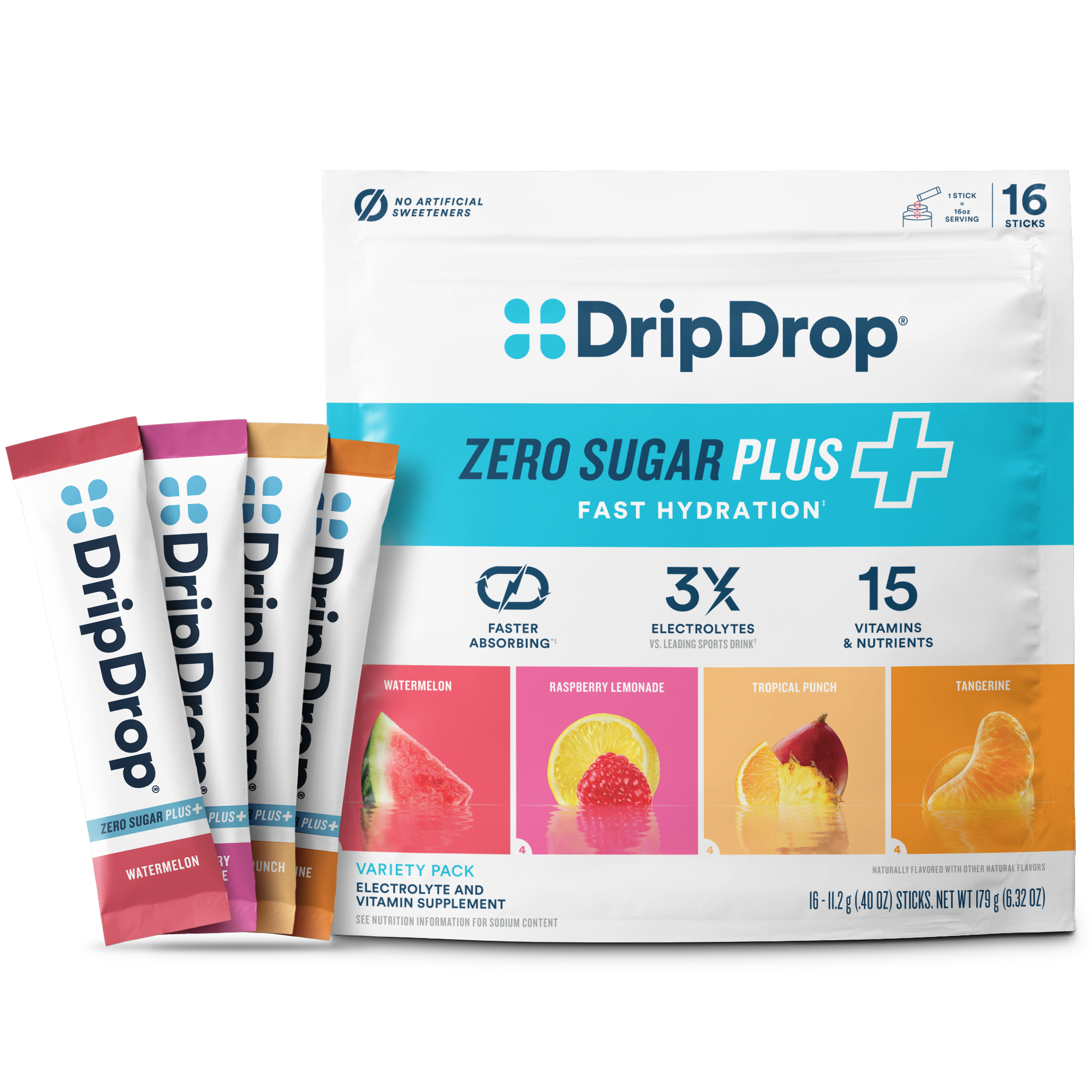 DripDrop Zero Sugar Plus, Watermelon, Tangerine, Tropical Punch, Raspberry Lemonade, 16 oz sticks, 16 count