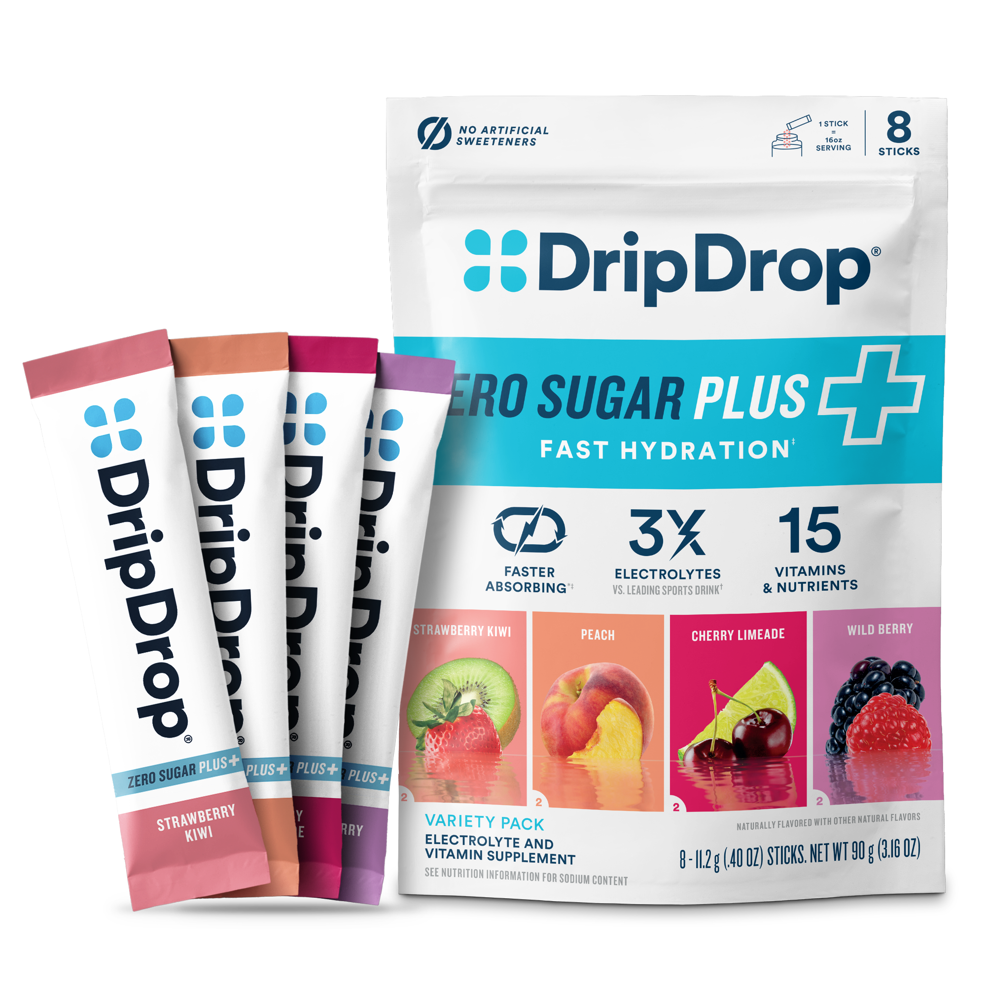 DripDrop Zero Sugar Plus, Strawberry Kiwi, Peach, Cherry Limeade, Wild Berry, 16 oz sticks, 8 count