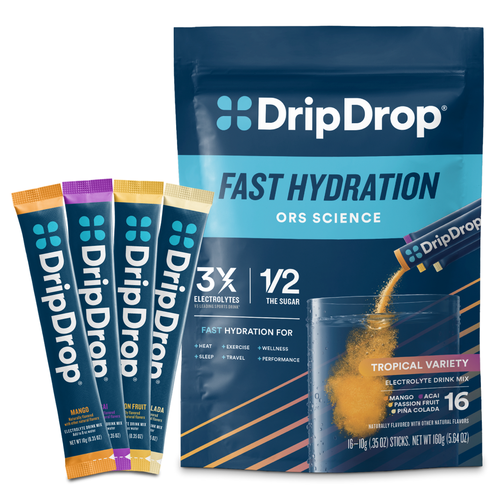DripDrop Tropical Variety Pack Electrolyte Powder, 8 oz sticks, 16 count