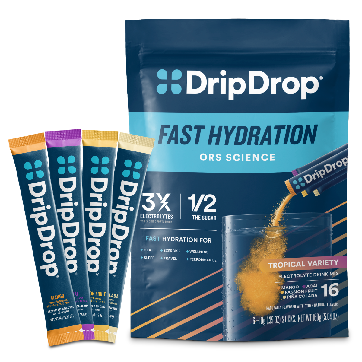 DripDrop Tropical Variety Pack Electrolyte Powder, 8 oz sticks, 16 count