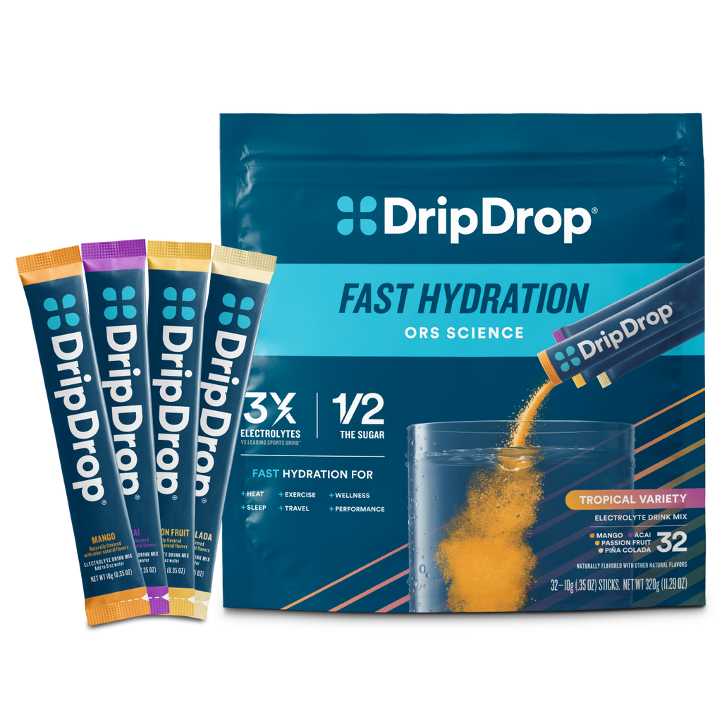 DripDrop Tropical Variety Pack Electrolyte Powder, 8 oz sticks, 32 count