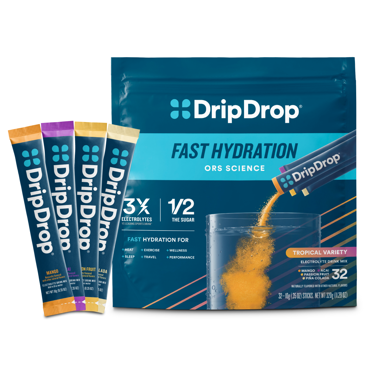 DripDrop Tropical Variety Pack Electrolyte Powder, 8 oz sticks, 32 count