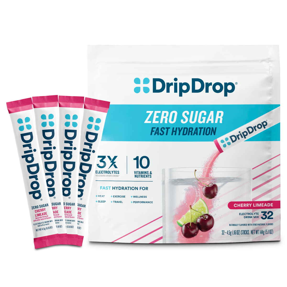 DripDrop Zero Sugar Cherry Limeade Electrolyte Powder, 8 oz sticks, 32 count