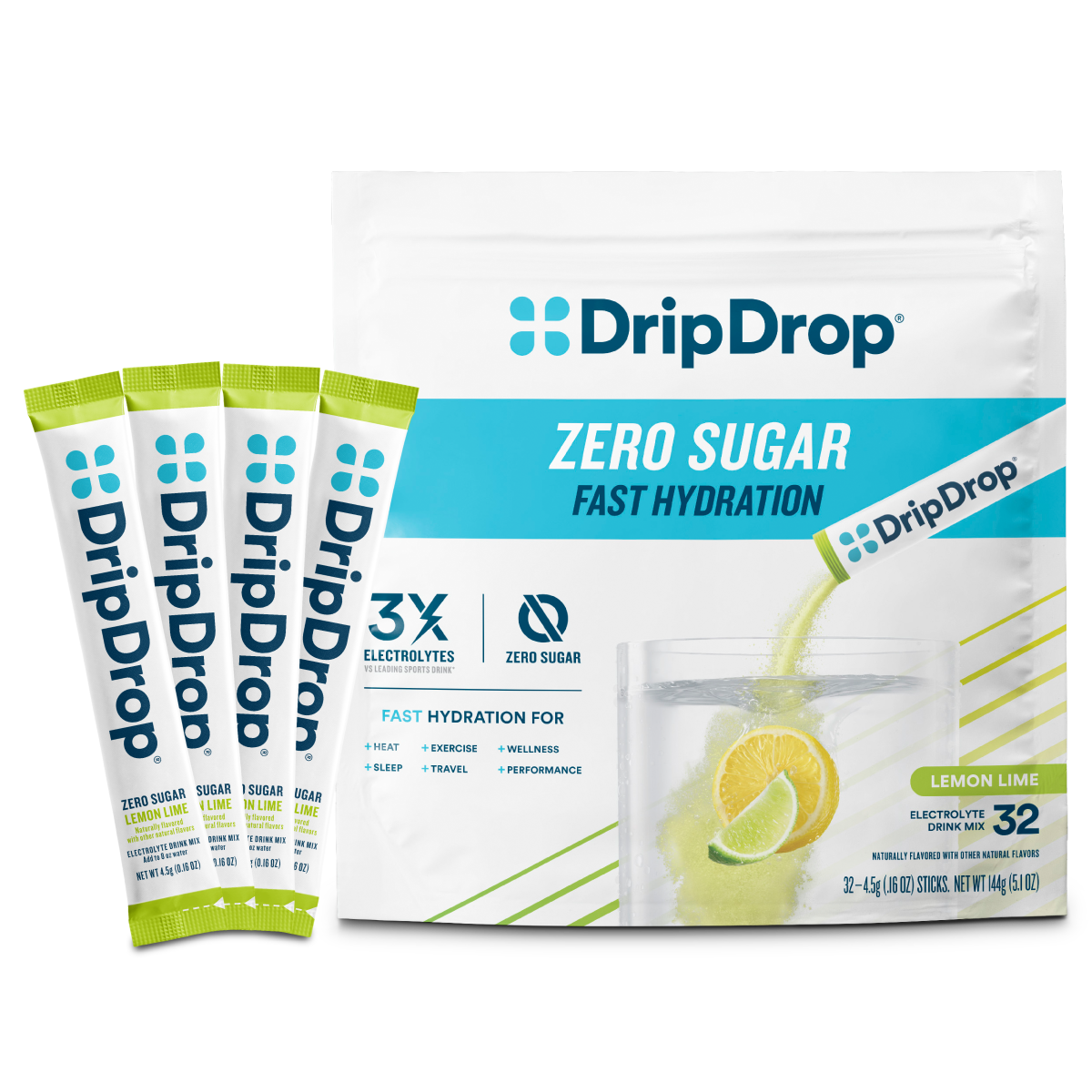 DripDrop Zero Sugar Lemon Lime Electrolyte Powder, 8 oz sticks, 32 count