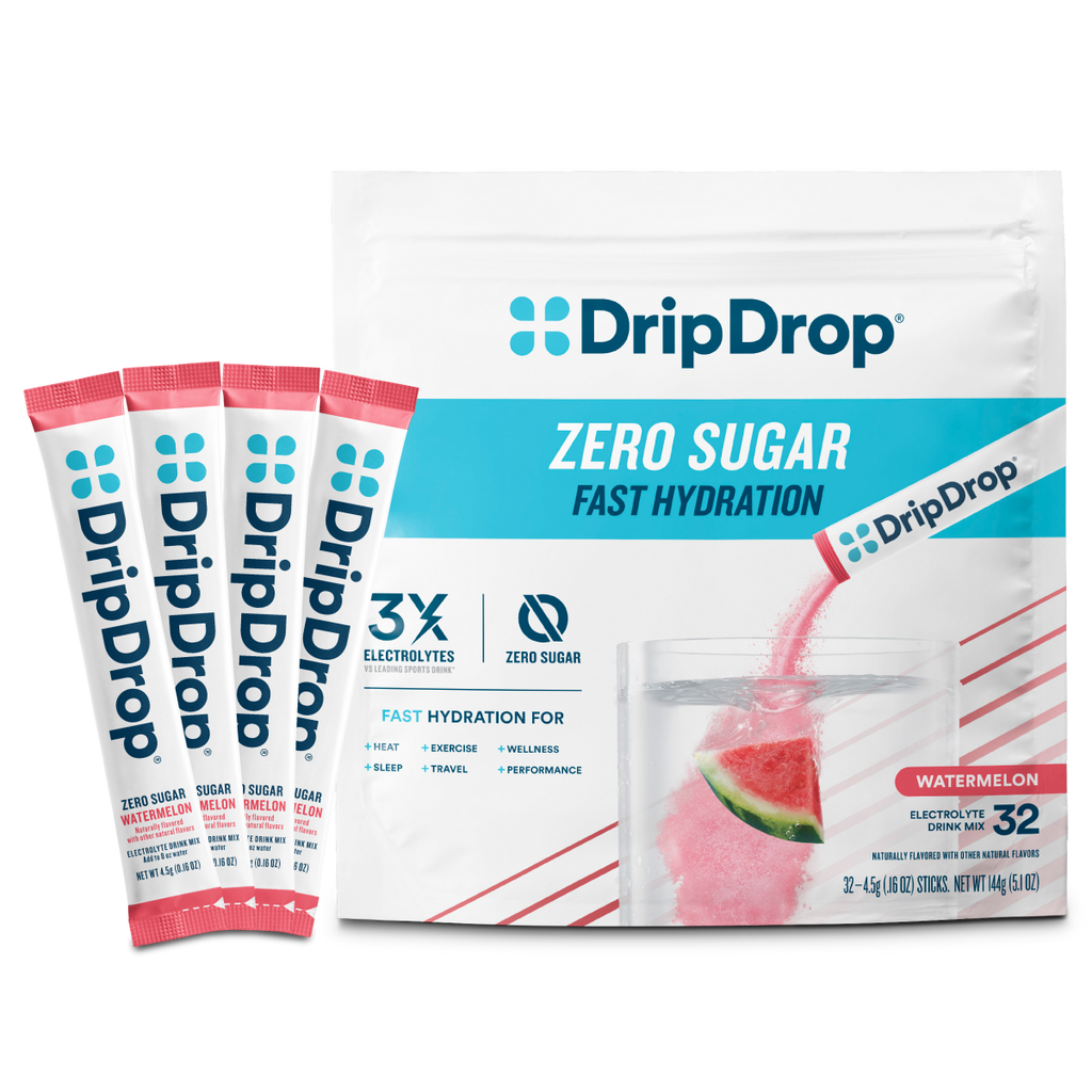 DripDrop Zero Sugar Watermelon Electrolyte Powder, 8 oz sticks, 32 count