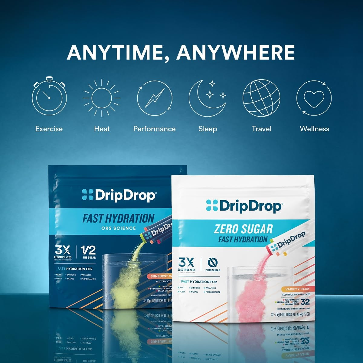 DripDrop Tropical Variety Pack Electrolyte Powder, 8 oz sticks, 16 count