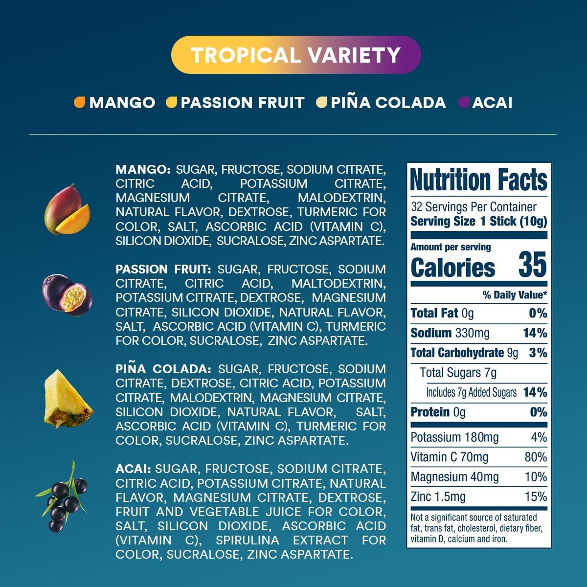 DripDrop Tropical Variety Pack Electrolyte Powder, 8 oz sticks, 32 count