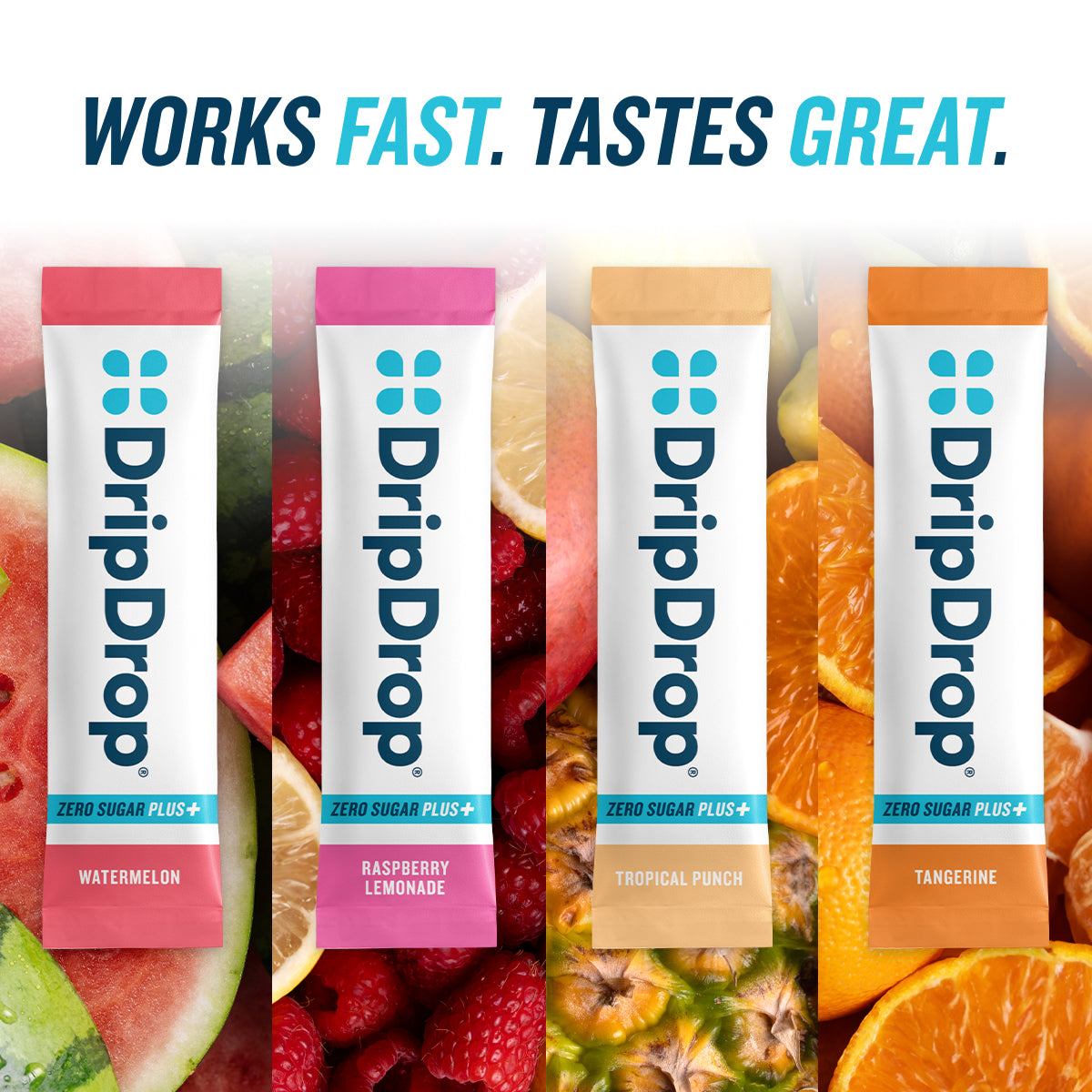 DripDrop Zero Sugar Plus, Watermelon, Tangerine, Tropical Punch, Raspberry Lemonade, 16 oz sticks, 16 count