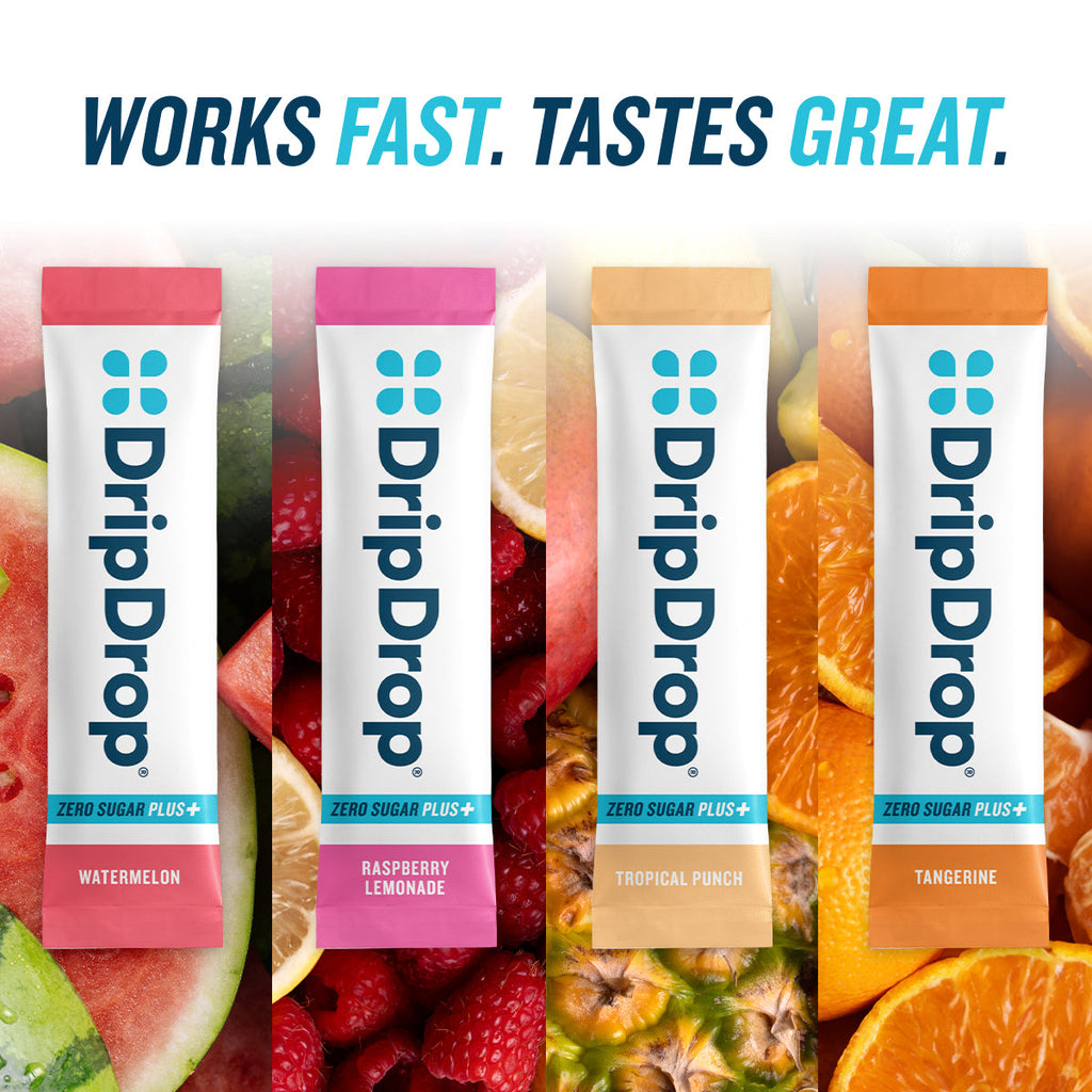 DripDrop Zero Sugar Plus, Watermelon, Tangerine, Tropical Punch, Raspberry Lemonade, 16 oz sticks, 8 count