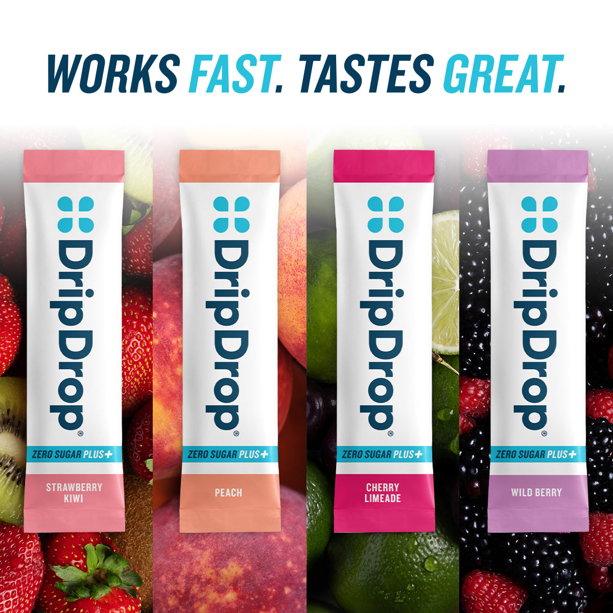 DripDrop Zero Sugar Plus, Strawberry Kiwi, Peach, Cherry Limeade, Wild Berry, 16 oz sticks, 8 count