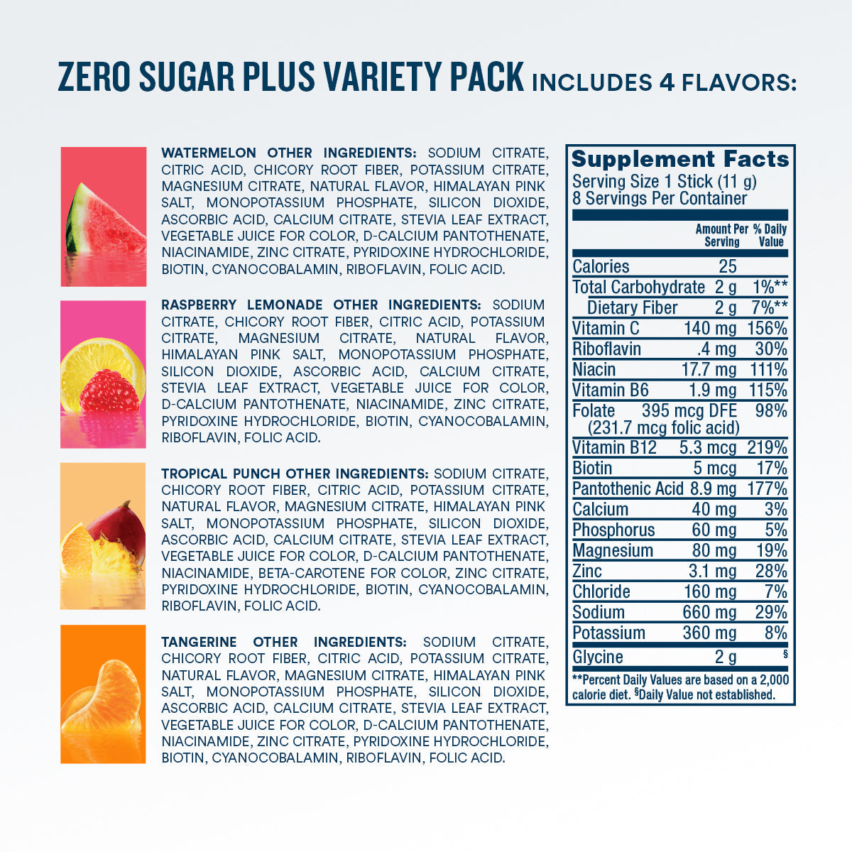 DripDrop Zero Sugar Plus, Watermelon, Tangerine, Tropical Punch, Raspberry Lemonade, 16 oz sticks, 8 count