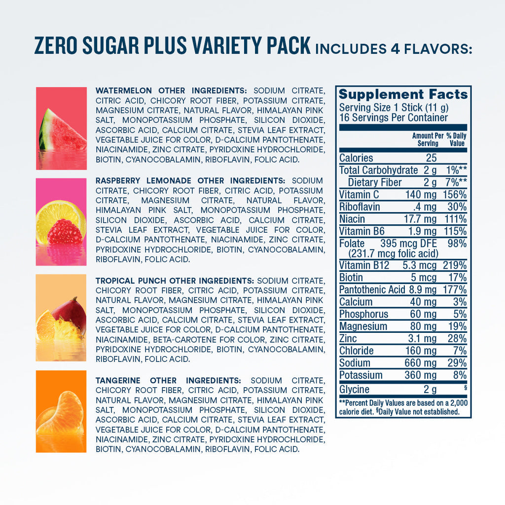 DripDrop Zero Sugar Plus, Watermelon, Tangerine, Tropical Punch, Raspberry Lemonade, 16 oz sticks, 16 count