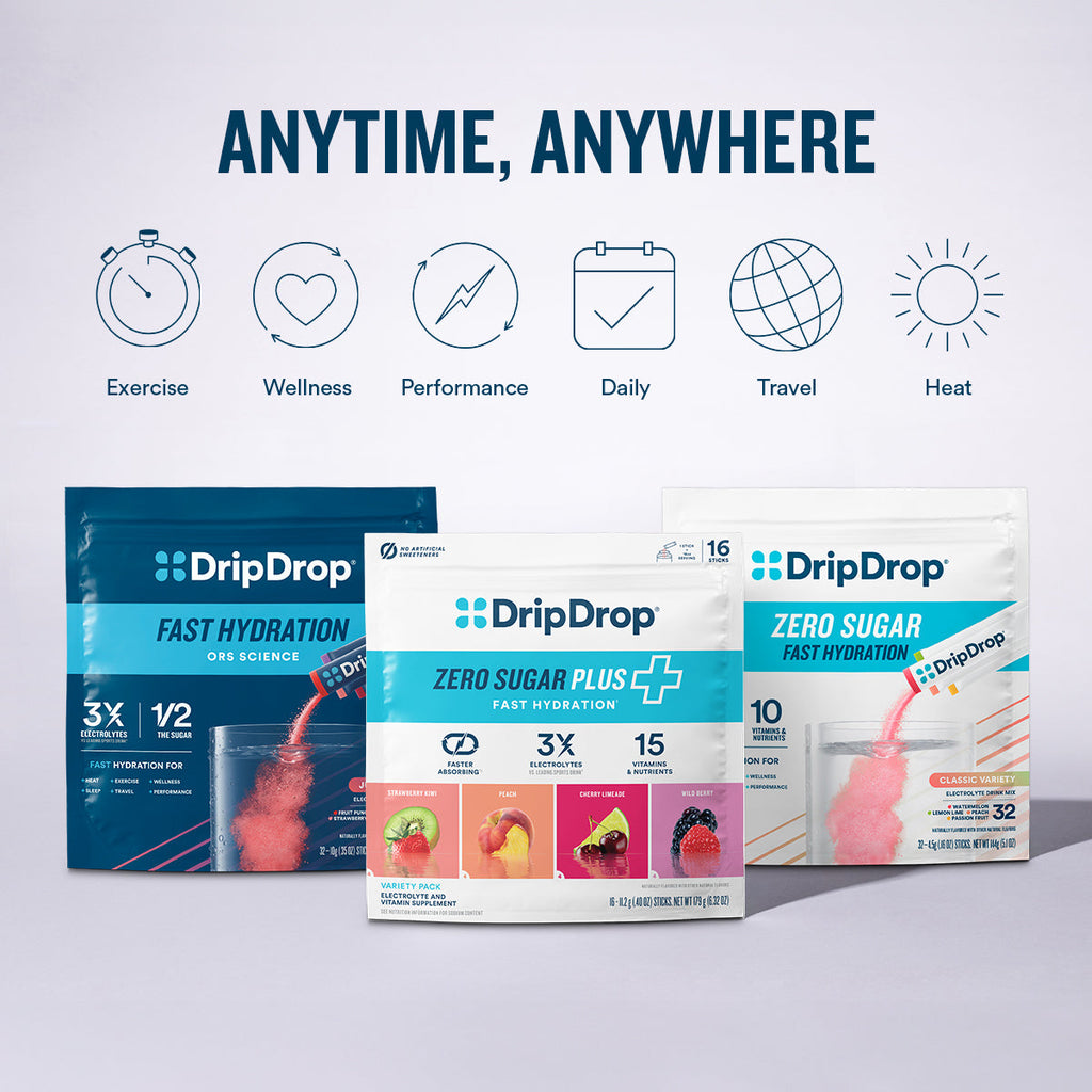 DripDrop Zero Sugar Plus, Strawberry Kiwi, Peach, Cherry Limeade, Wild Berry, 16 oz sticks, 8 count