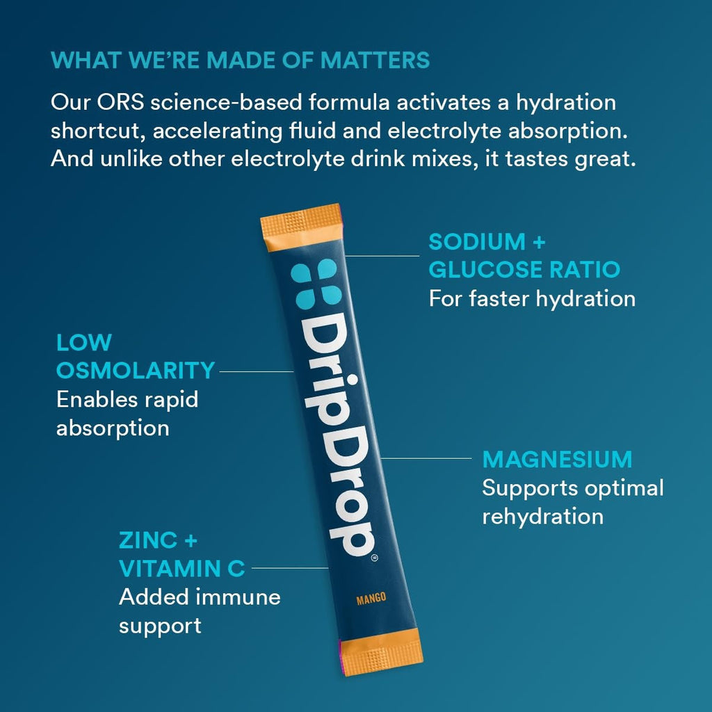 DripDrop Tropical Variety Pack Electrolyte Powder, 8 oz sticks, 16 count